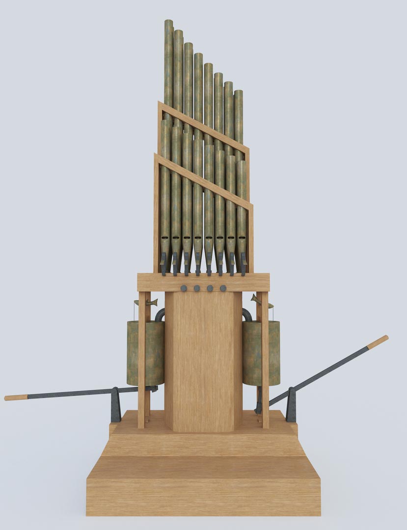 Restitution de l'orgue hydraulique d'après Vitruve et les différentes données archéologiques et iconographiques. Infographie : © C. Morineau. Dossier scientifique : P. Fleury 2006. 