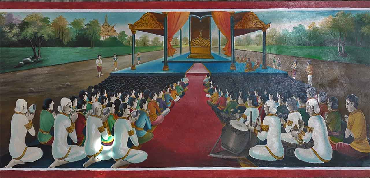 Trois baku soufflent dans des conques. Vat Trach. Prov. Siem Reap. © Patrick Kersalé 2021-2024.