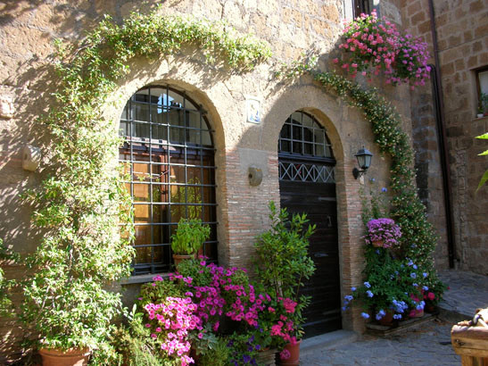 flowers around house entry