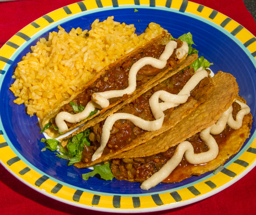 Ancho Lentil Tacos with Cashew Cheese and Yellow Rice with Garlic
