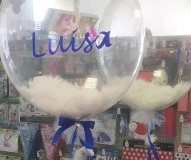 Mit Federn gefüllter Bubble, mit dem Namen des Kindes beschriftet. Wie ist Ihr Wunschtext, der den Ballon schmücken soll?