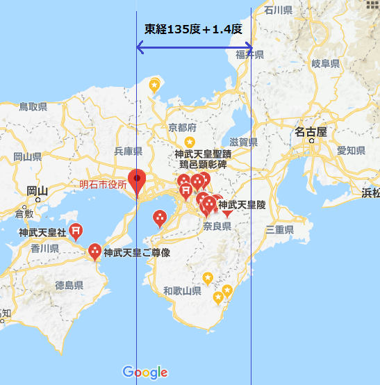 東経135度＋1.4度エリア地図（筆者加工）