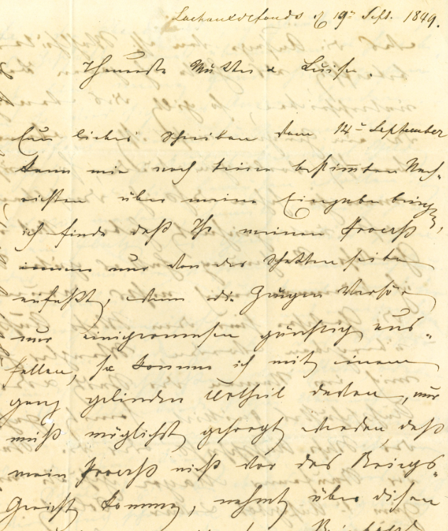 Brief (19.9.1849) von Carl August Ringwald aus seinem Exil in La Chaux-de-Fonds.