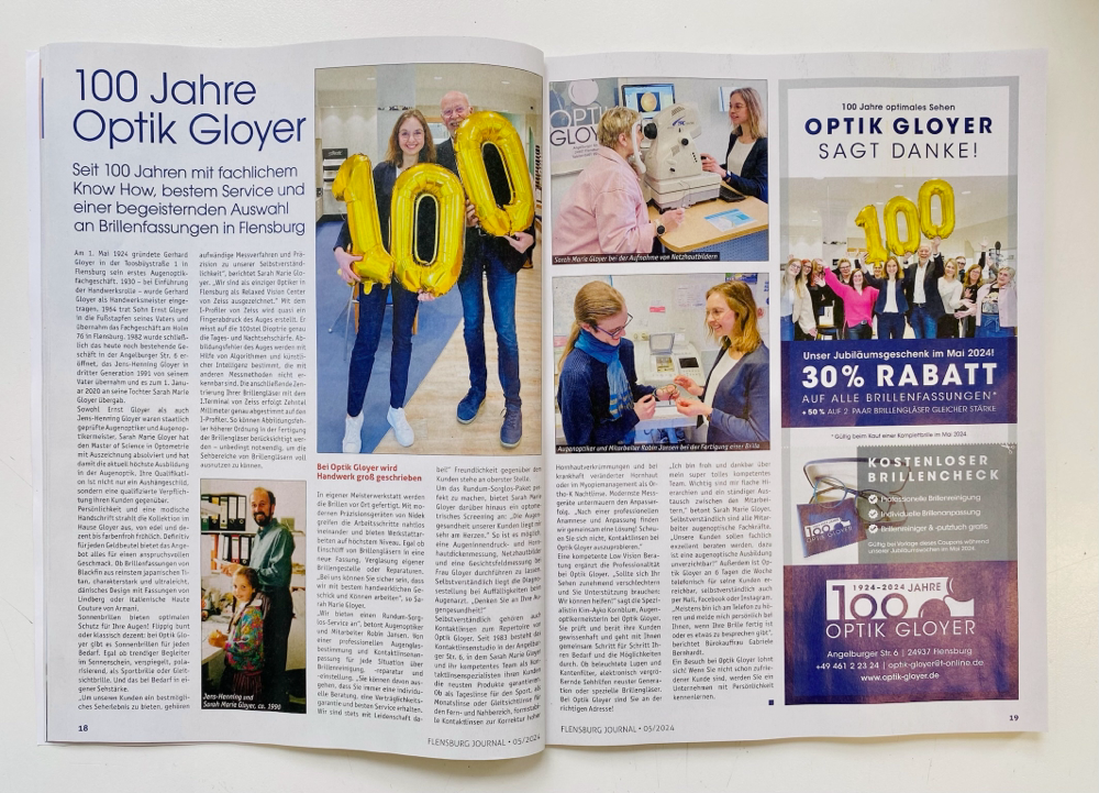 Optik Gloyer feierte im Mai 2024 100-jähriges Jubiläum! Im vierter Generation in Familienhand. Wir sind sehr stolz!