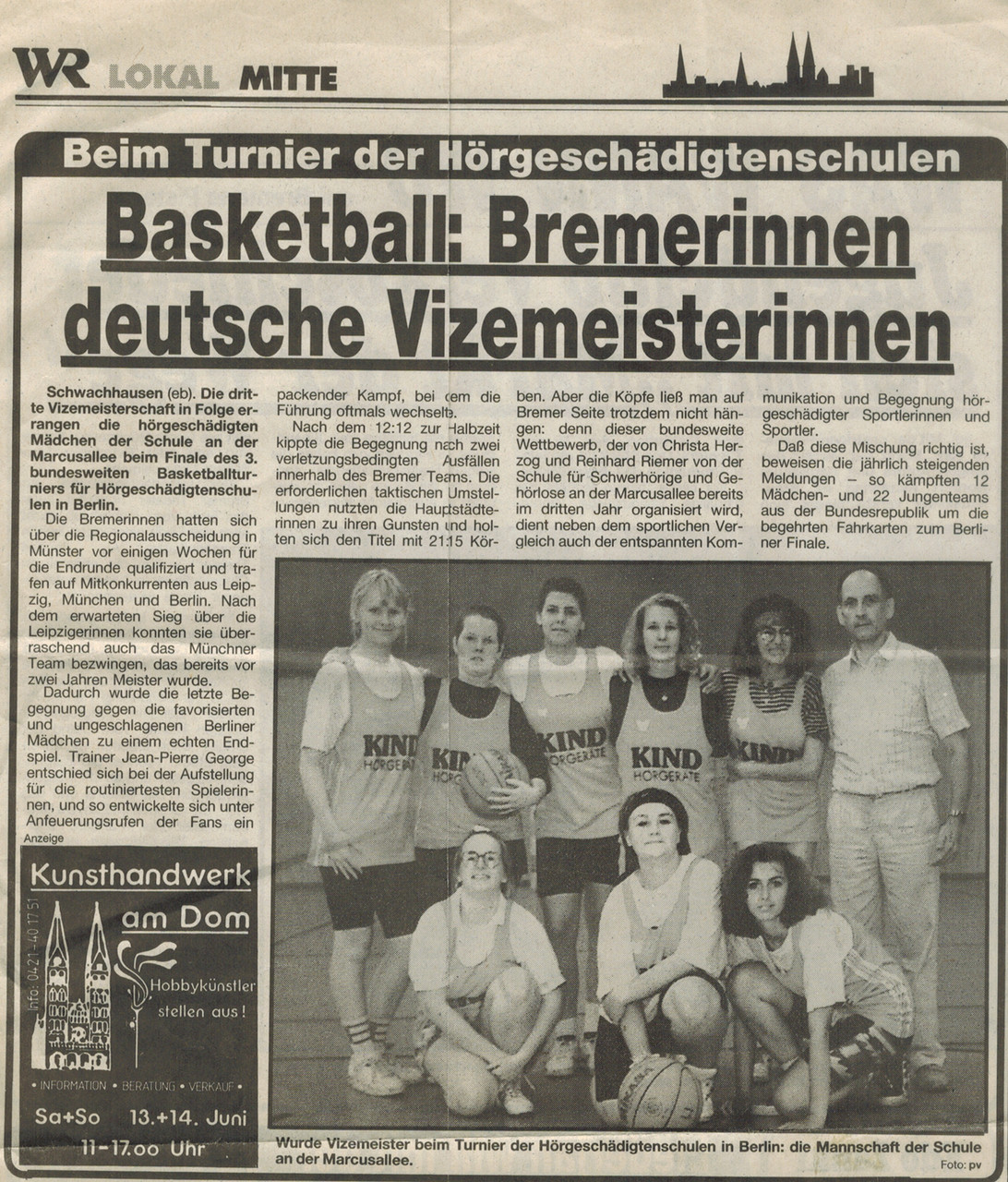 1992 Pressebericht über den 2. Platz der Bremer Mädchen im Finale
