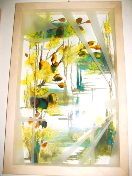 Doppelwandgläser / Herbst 55 x 35 cm / Ahornrahmen / Sandstrahltechnik / Hinterglasmalerei