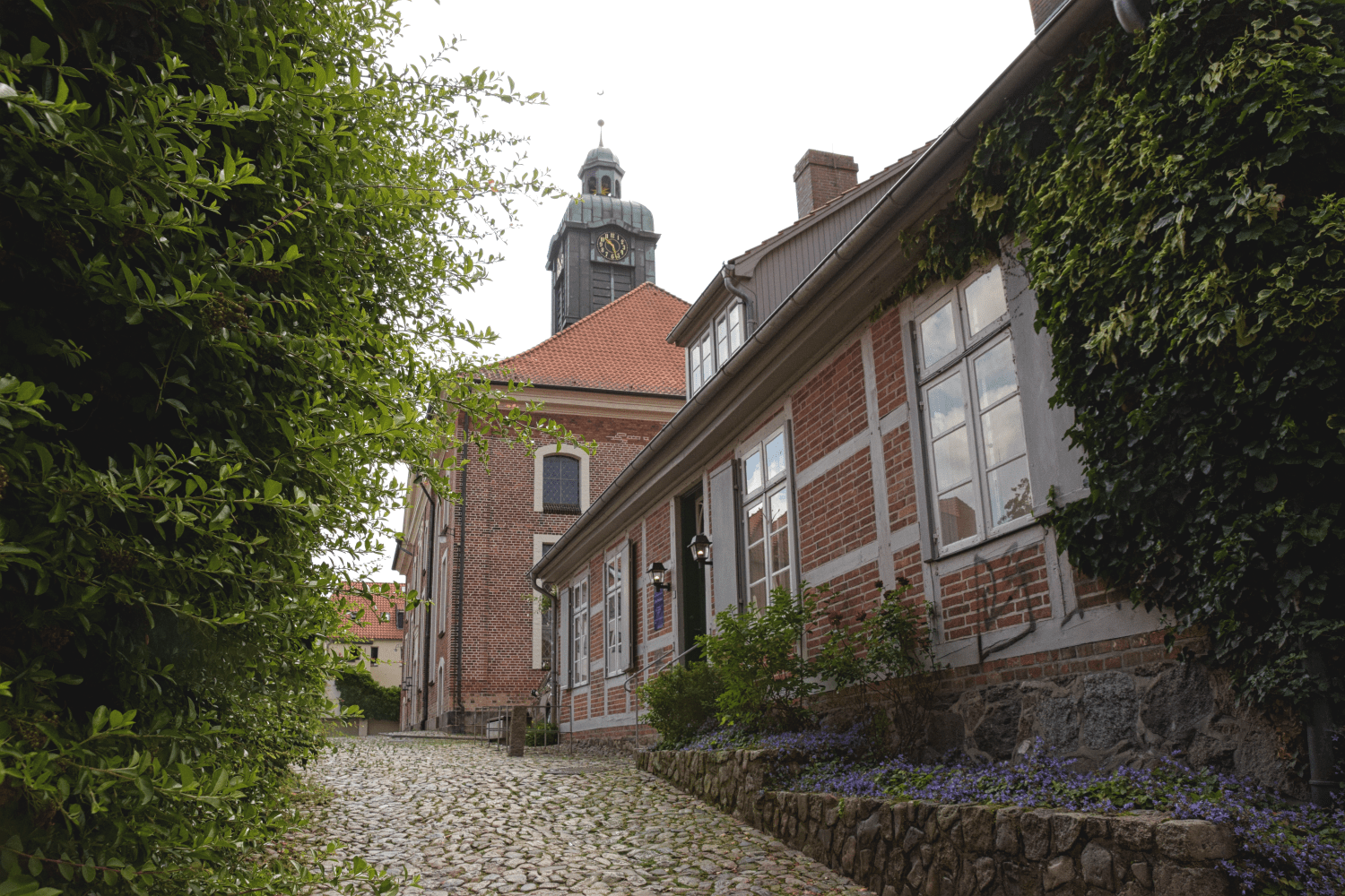 Vorne das Barlach-Museum, hinten der Turm der Stadtkirche St. Petri