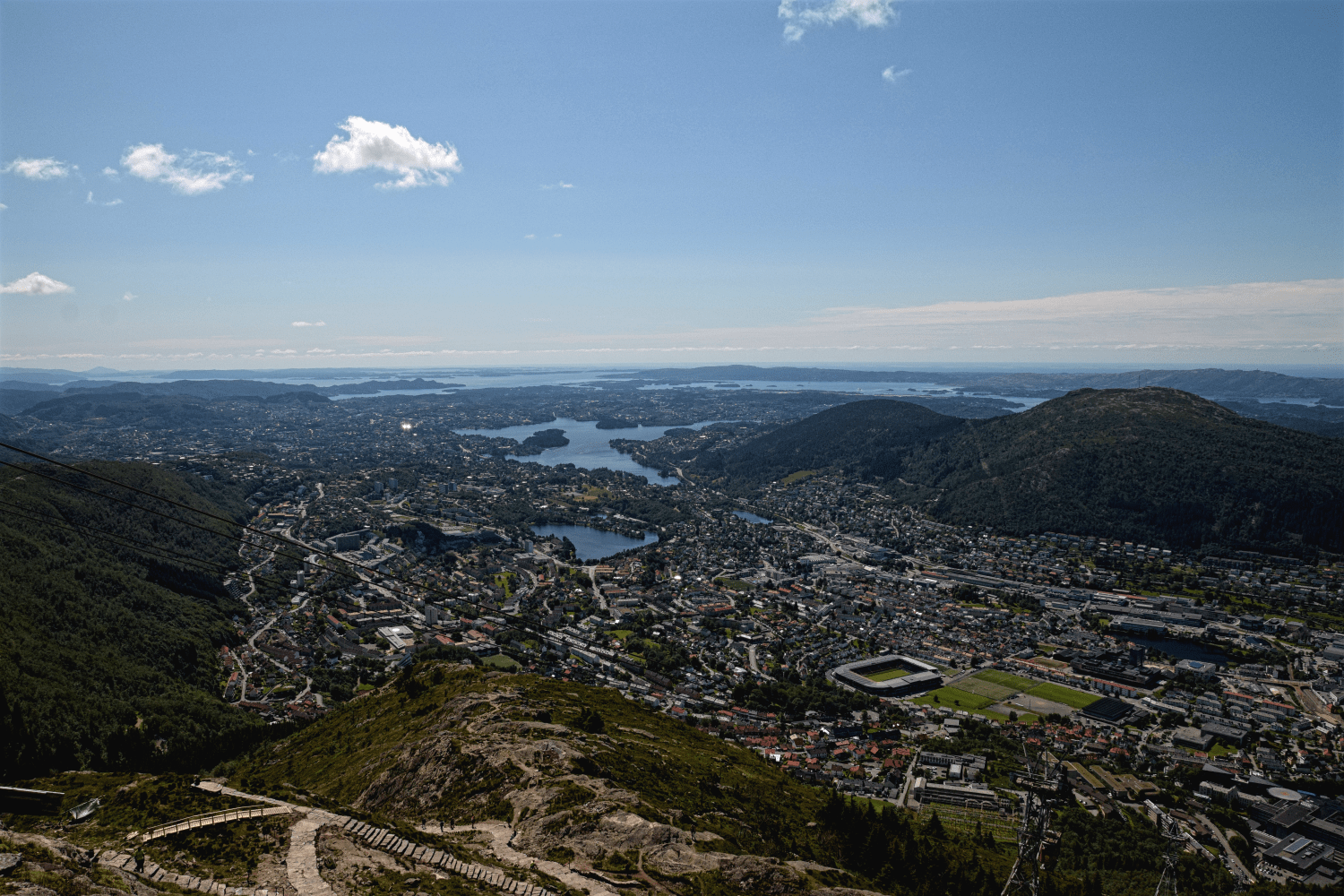 Stadt, Fjord, Berge so weit das gute Wetter reicht