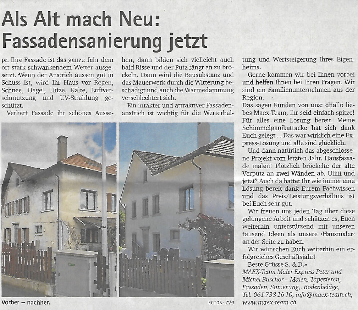 Fassadensanierung Haus. Oberbaselbieter Zeitung 28.3.2019