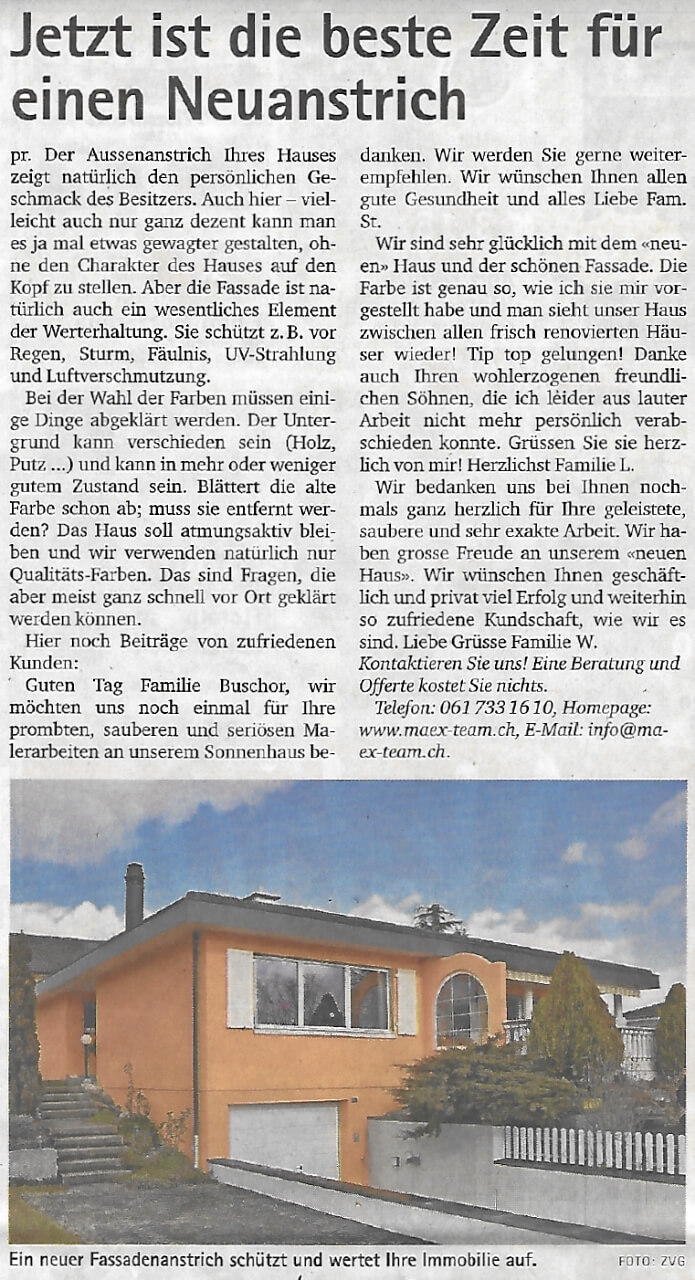 Fassadenanstrich schütz Ihr Haus, Bericht Oberbaselbieter Zeitung 14.06.2018