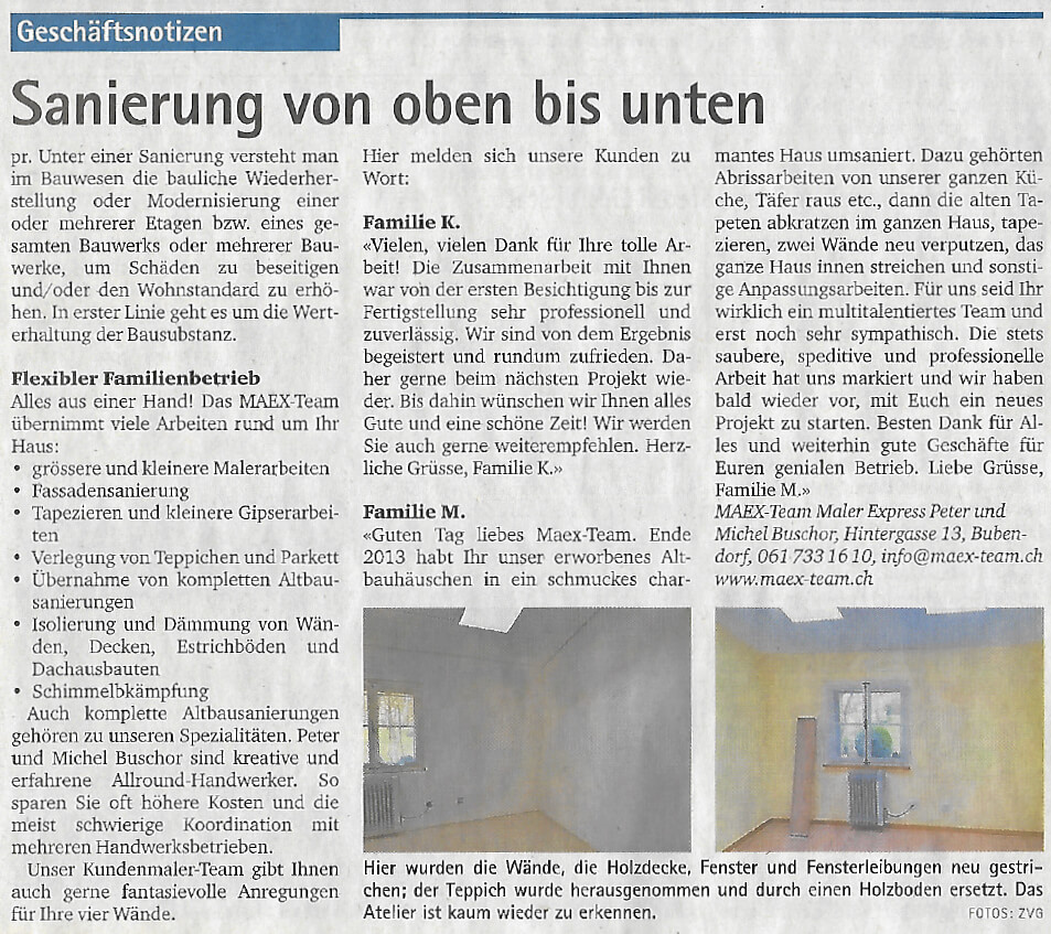 Haussanierung von oben bis unten, Oberbaselbieter Zeitung 21.11.2019