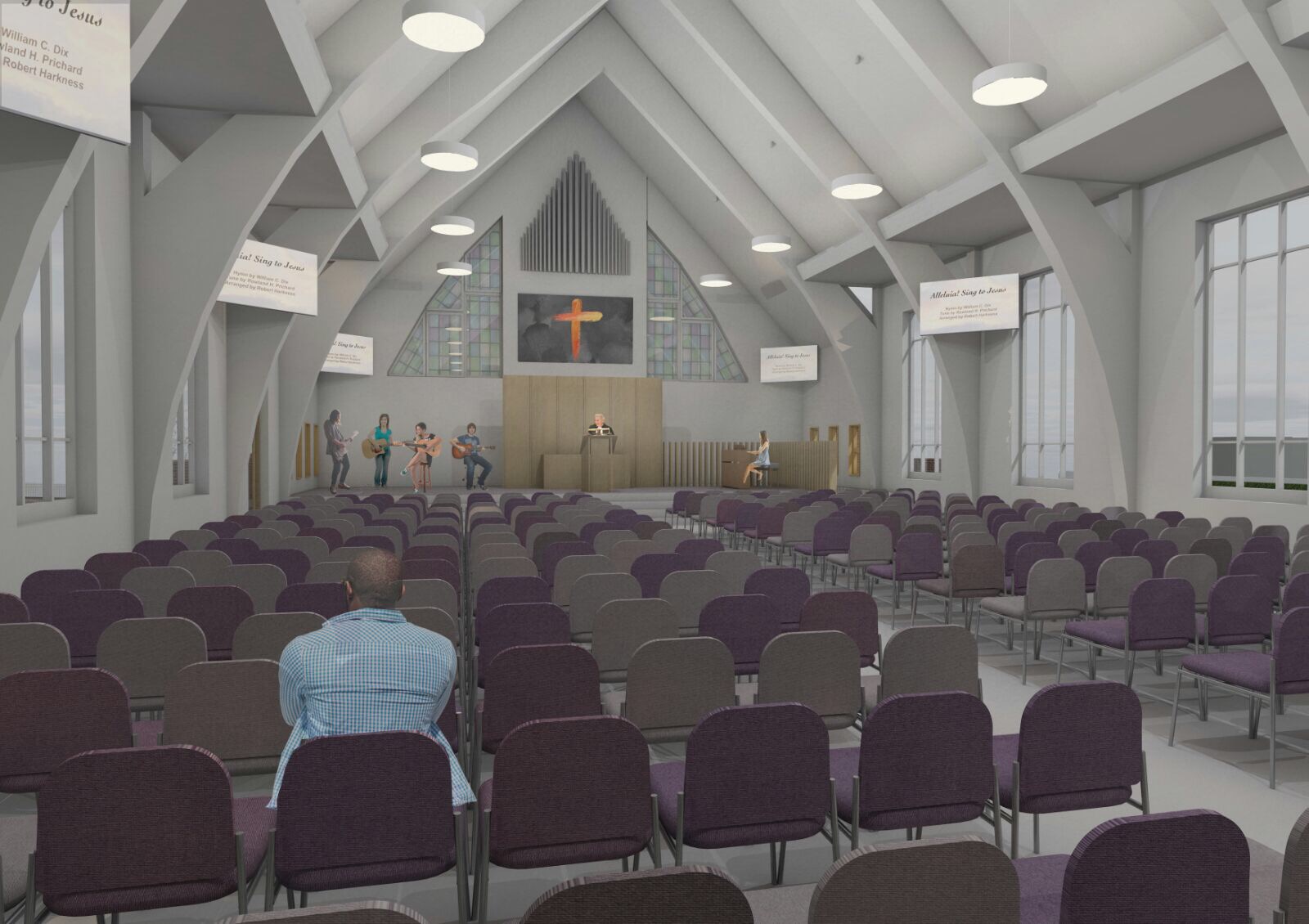An architect's impression of the renovated sanctuary. Notable features include the larger platform at the front, disabled access to the stage, and stained glass feature windows. Note this is an artists impression which may change. 