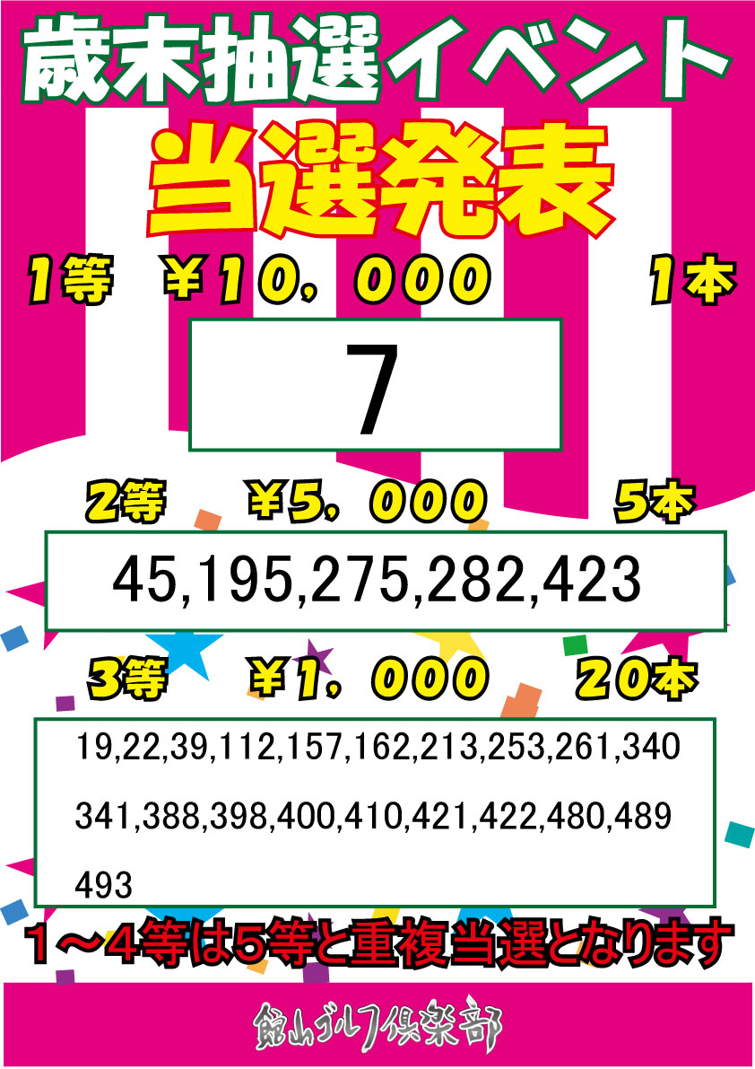 歳末抽選イベント当選番号！