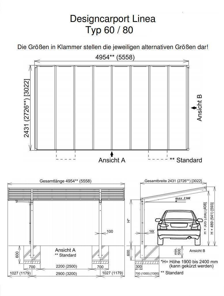 Schrägdach - LINEA 80 Carport-Garage-Geräte-/Mehrzweckhaus Carport Aluminium