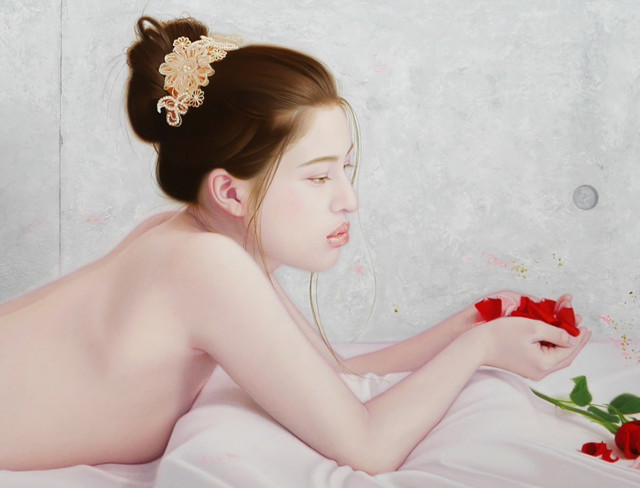 「君と薔薇圖と余白の創造」／ 100号P(162.0×112.0cm)　部分 ／ 油彩、金箔、布(キャラコ)、パネル