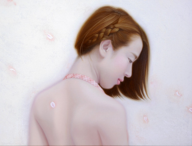 「余白の創造 ... 君と桜舞う一時」／ 6号P(41.0×27.3cm)　部分 ／ 油彩、布(キャラコ)、パネル