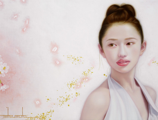 「余白の創造 ... 枝垂桜と君」／ 6号M(41.0×24.2cm)　部分 ／ 油彩、金箔、布(キャラコ)、パネル