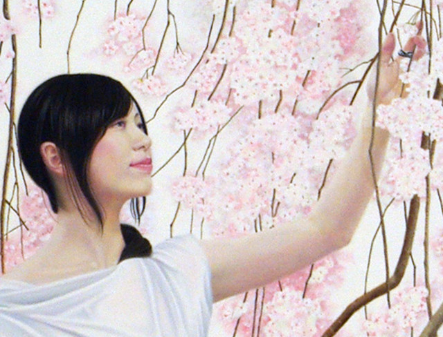 「余白による創造．桜と君」／ 100号S(162.0×162.0cm)　部分 ／ 油彩、布(キャラコ)、パネル