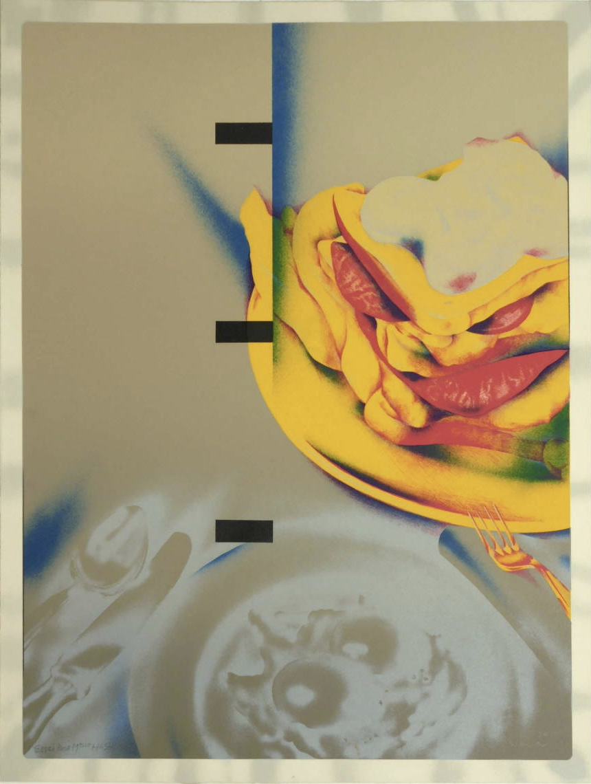 Hideo Yoshihara  / 吉原英雄　ミラーオブザミラーニューヨークより　ランチ　リトグラフ、紙　１９７２年　　　　　　69年現代日本美術展でブリヂストン美術館賞、70年芸術選奨文部大臣賞を受賞。同世代の池田満寿夫、靉嘔ともに、版画作家として確固たる地位を築いた。現代的な不安空間を表現することで高い評価を獲得した。