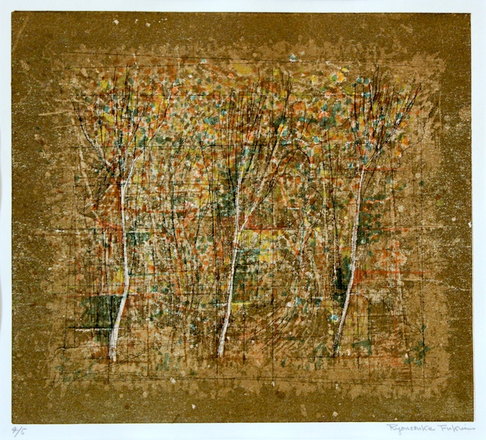 Ryonosuke  Fukui  /  福井良之助　風景　　　孔版画、紙　　　　　　大正12(1923)年12月15日、東京日本橋に生まれる。 昭和11(1936)年聖学院中学校に入学し、光風会会員であった島野重之に師事。 19年東京美術学校工芸科鋳金部を卒業する。 21年第41回太平洋画会展に「みちのくの冬」で初入選、一等賞を受賞し、29年第18回自由美術家協会展に「窓」を出品して佳作賞を受ける。