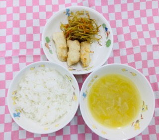 9/19　ご飯  コーン汁  鶏むね肉のふっくら焼き  きんぴらごぼう