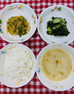 6月25日（木）6/25  ご飯  豆乳汁  ピーマンの細切り炒め  きゅうりの酢の物