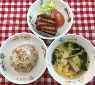 12/23　サラダ寿司  かきたま汁  ミートローフ  生野菜  ミニゼリー