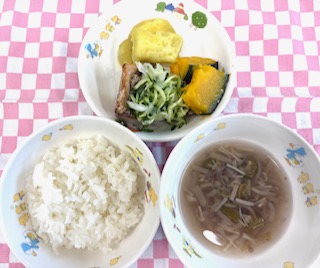 6/29  ご飯  おくらスープ  あじとかぼちゃのマリネ  さつま芋の甘煮