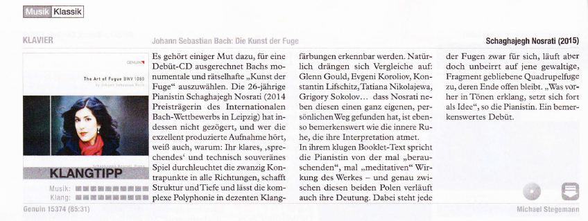 Besprechung der CD "The Art of Fugue" im Magazin "Stereoplay" (10/2015) von Michael Stegemann