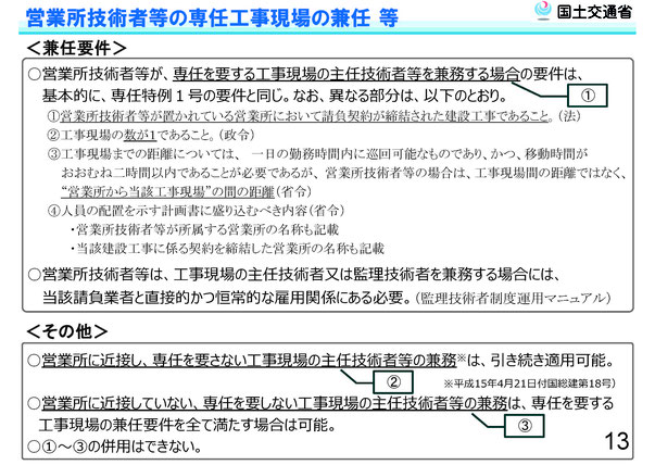 営業所技術者等の専任工事現場の兼任等についての説明画像