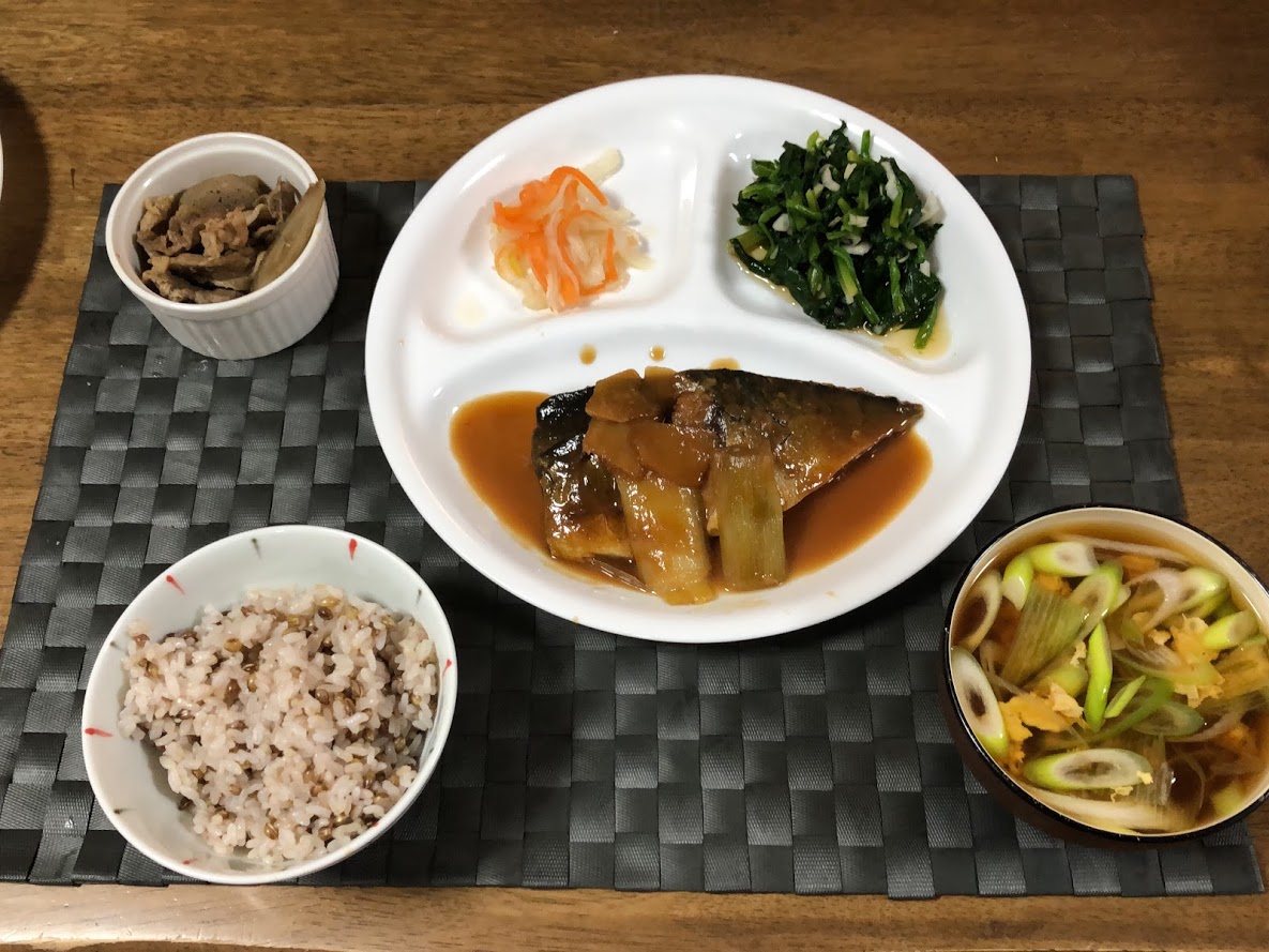 2月14日金曜日、Ohana夕食「鯖の味噌煮、ほうれん草のお浸し、なます、ごぼうと豚肉の煮物、ねぎのかき玉汁」