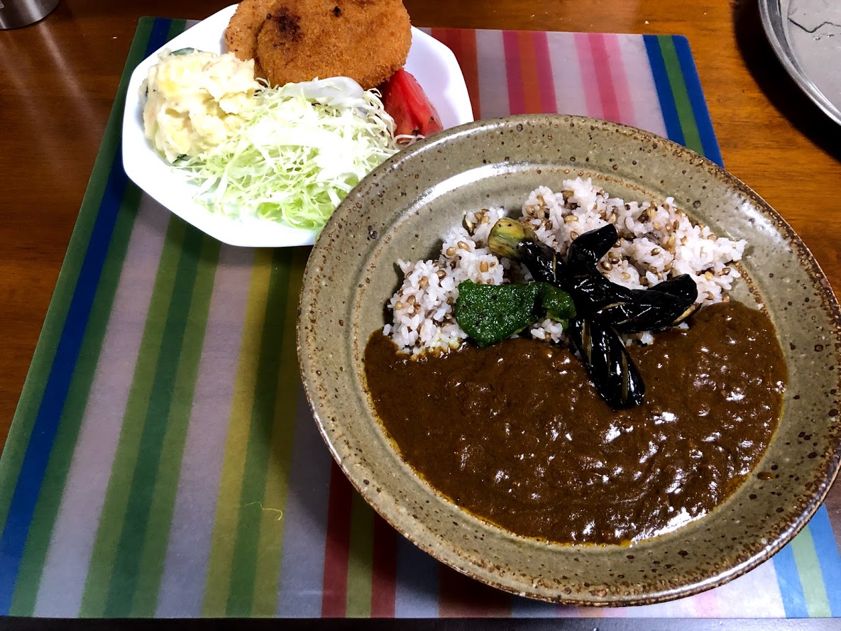 7月21日日曜日、Ohana夕食「カレーライス、トッピング（茄子、ピーマン）、さくらえびコロッケ、線キャベツ、ポテトサラダ、トマト、すいか」