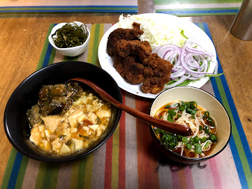 6月27日木曜日、Ohana夕食「とんかつ、麻婆豆腐・茄子丼、そうめん、茹で昆布生姜醬油」