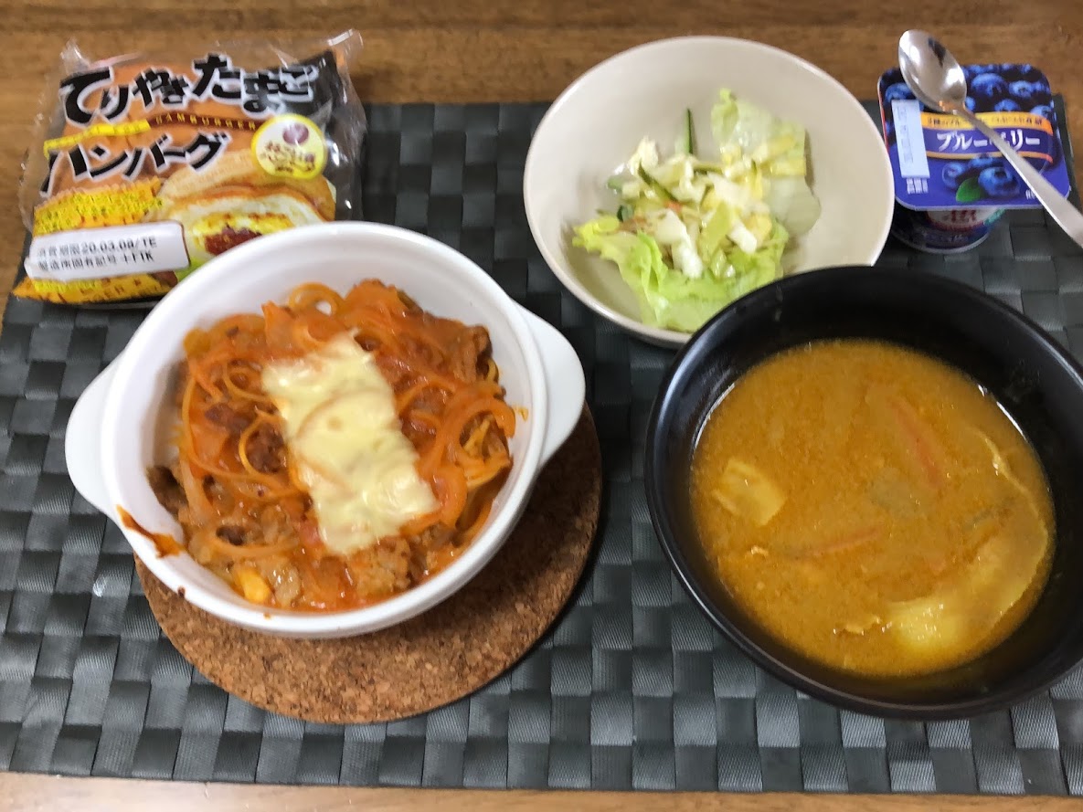 3月6日土曜日、Ohana朝食「スパグラ、コールスロー、カレースープ、てりやきたまごハンバーグパン、ヨーグルト」