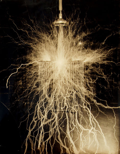 Photographic view of an experiment to illustrate an effect of an electrical oscillator delivering energy at a rate of seventy-five thousand horse-power