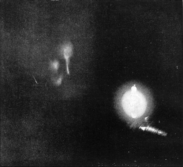 Fig. 3. — First photograph ever taken by phosphorescent light. The face is that of Mr. Tesla, and the source of light is one of his phosphorescent bulbs. Time of exposure, eight minutes. Date of photograph January, 1894.