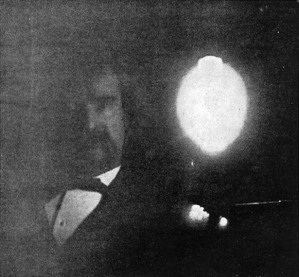 Fig. 4. — Phosphografh of Mr. Clemens (Mark Twain), taken in the Tesla laboratory January, 1894. Time of exposure, ten minutes.