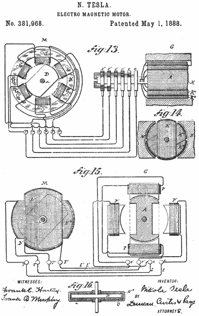 US﻿381,968 - Electro Magnetic Motor - May 1, 1888 (filed on October 12, 1887)