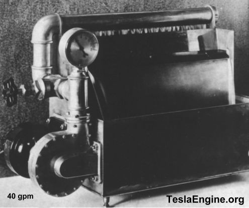 The turbine used as a pump. This little pump, driven by a motor of 1/12 horse-power, is here shown delivering 40 gallons of water per minute against a 9-foot head.