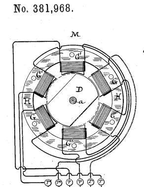 Three phase variable reluctance motor - Tesla patent 381,968 filed Oct 12, 1887