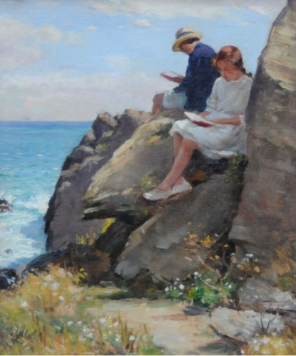 William Kay Blacklock 'On the Rocks, Polperro' (featuring his wife, Nellie and daughter)