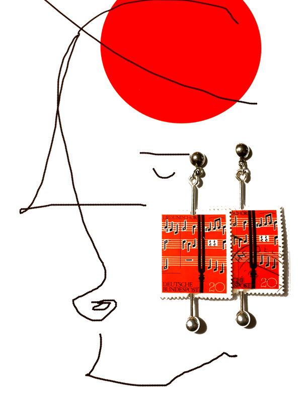Notenspiel / Notenblatt als Briefmarke in rot