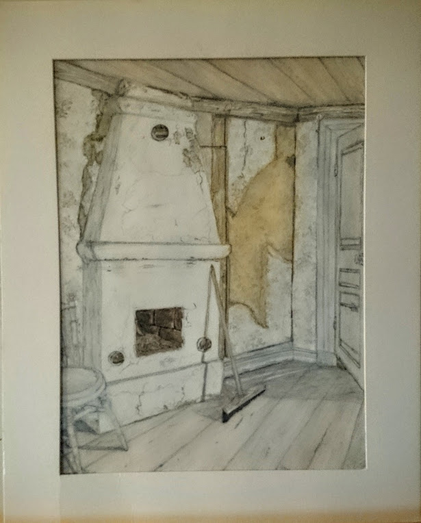 "Det gamla vita rummet" (Gouache) Cecilia Strandberg 1400:- (Stlk: A3) Från utställningen:"Gamla hus och saker -Det vackra i vardagssaker". Ca 40x50cm, inramad med vit ram och glas.