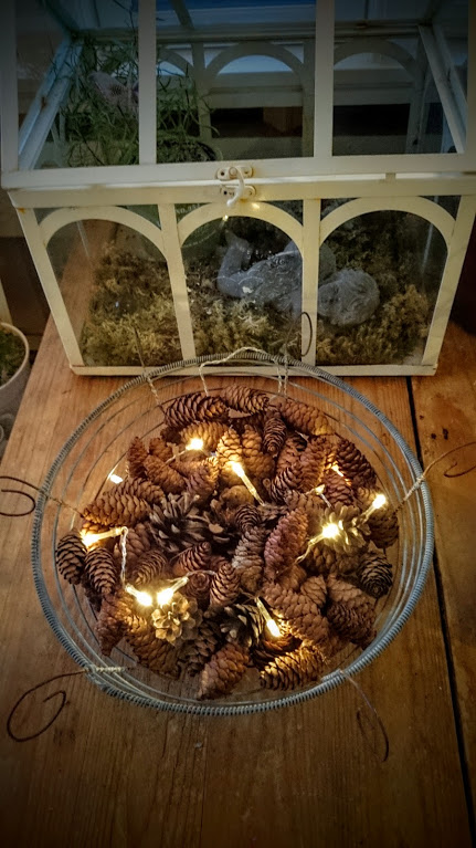 Ett litet ljusstilleben med kottar och mossa på verandan