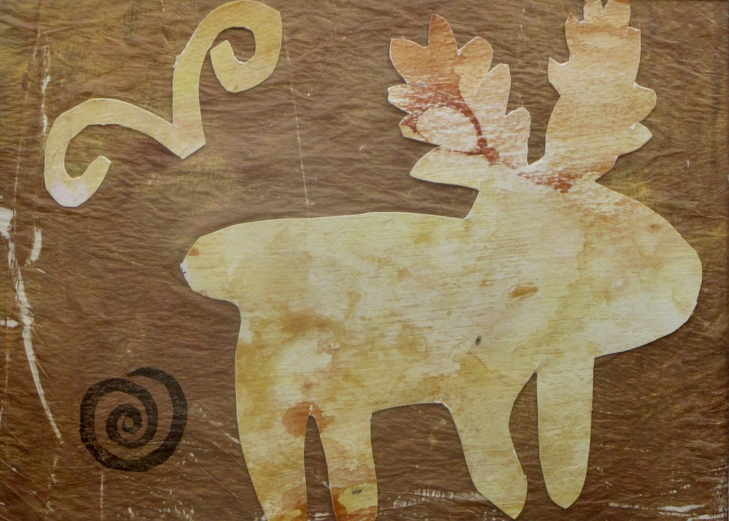 Moos (Moose, Hopi), acrylic, collage on paper, 14 x 11 matted