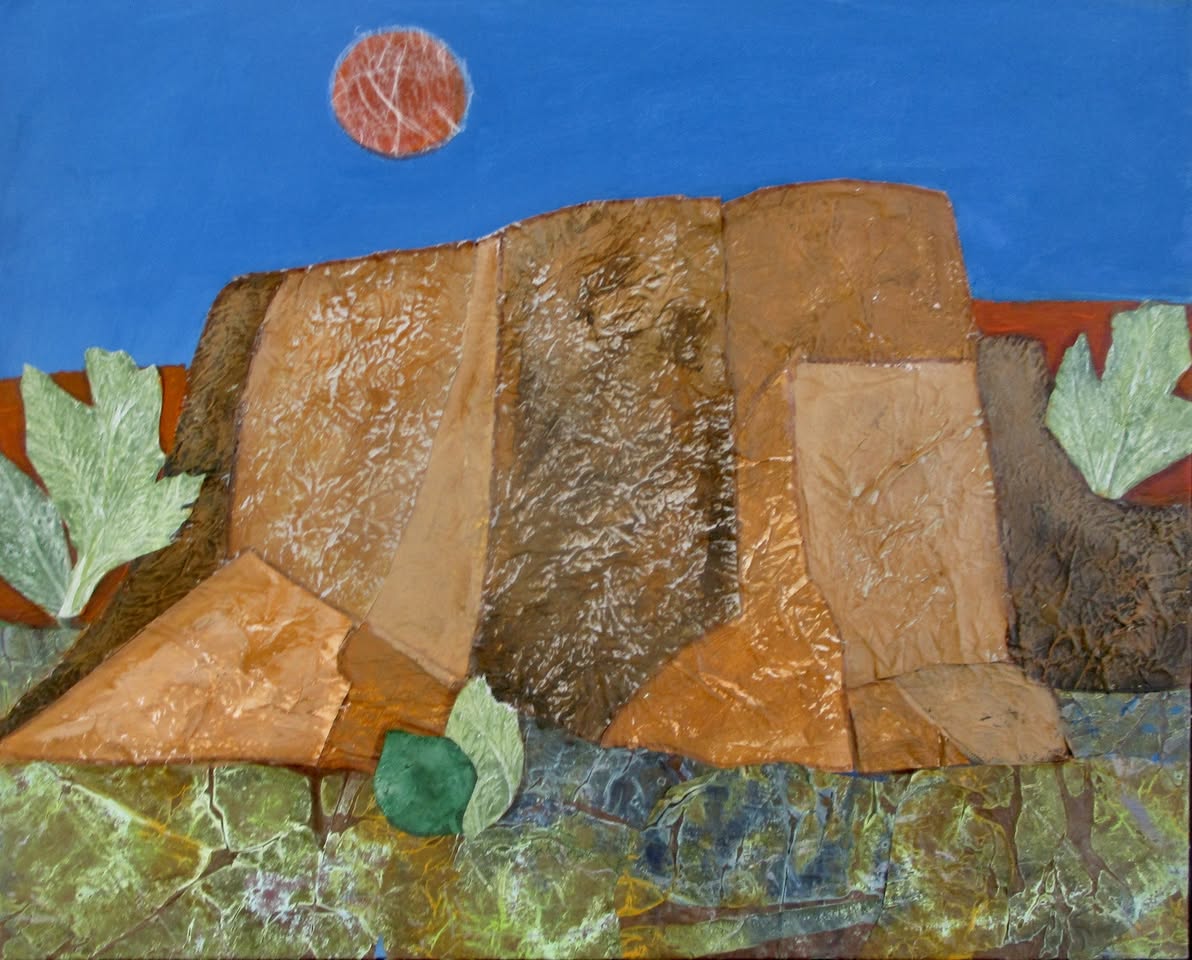 Strawberry Moon over Ranchos Church, mixed media, 20x16