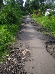 Nebenstraße mit teilweise zerstörtem Straßenbelag