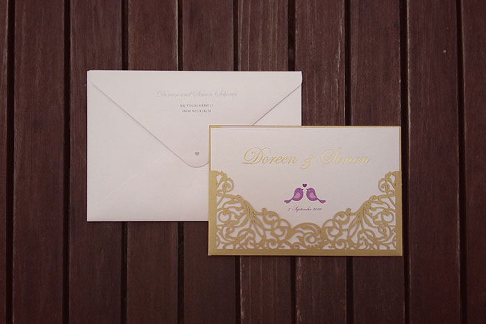 Efi, Einladungskarte, Hochzeit, Lasercut, Gold, rosa, Schloss Tettnang