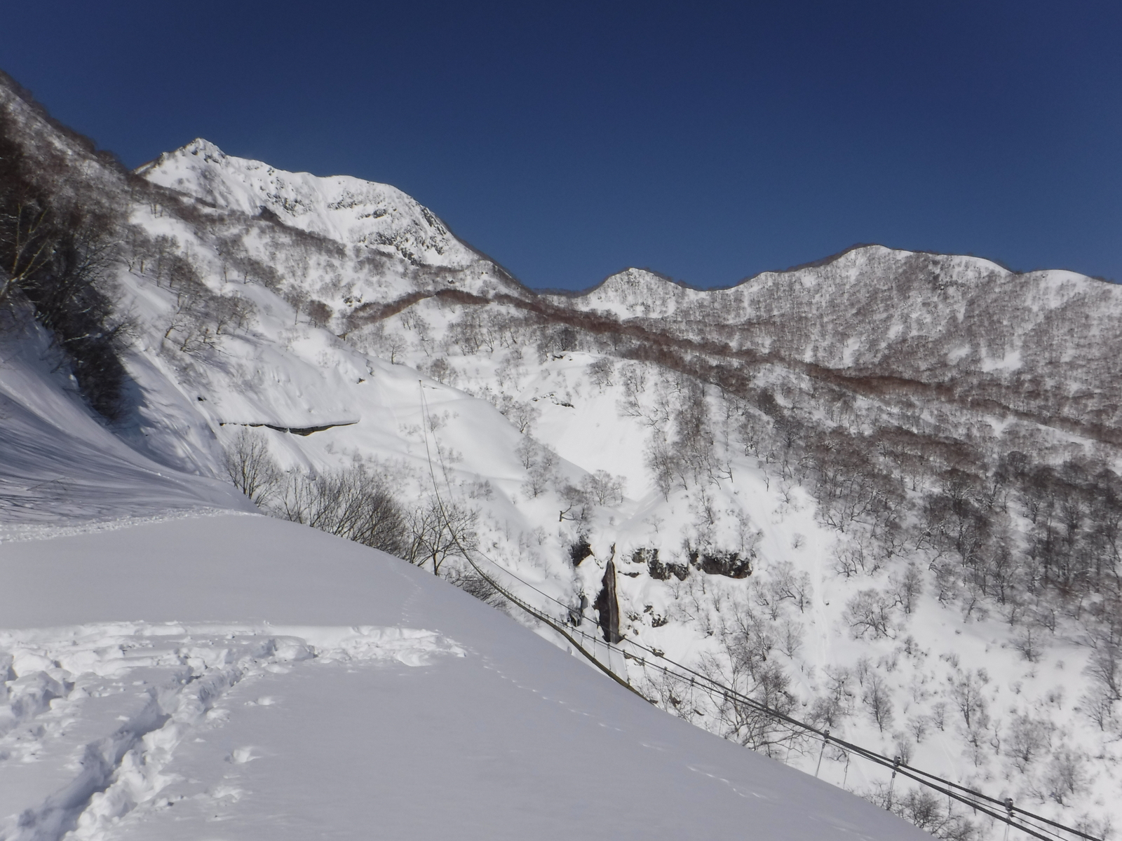 10:30　1590m、林道、送湯菅が南地獄谷を渡っている