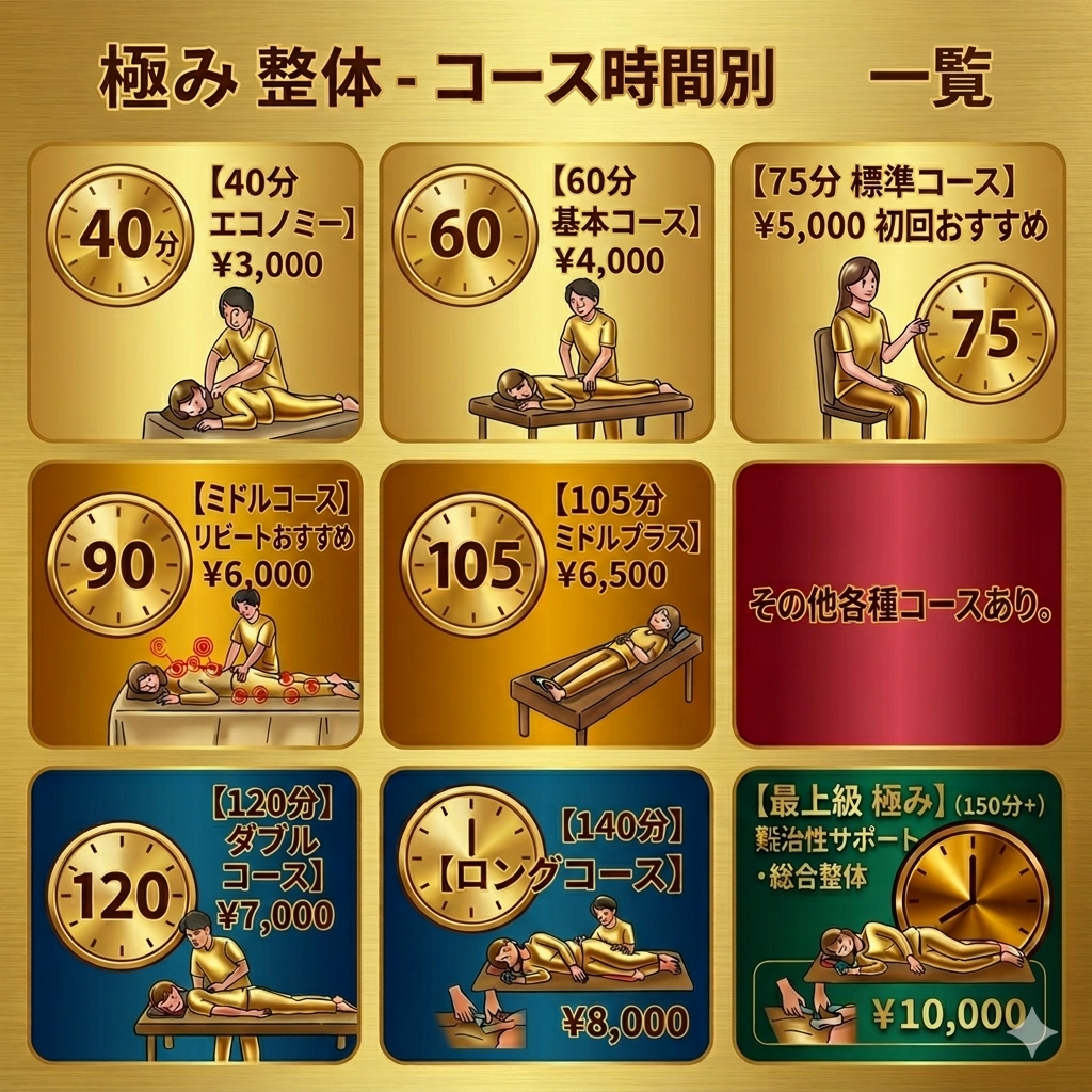 【カテゴリー①】総合整体コースのMENU一覧